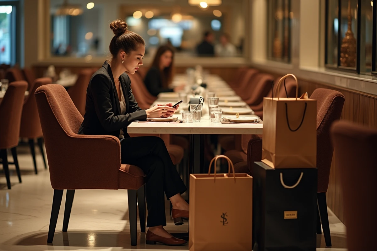 Femme assise seule dans un restaurant haut de gamme entourée de sacs de shopping de marque, illustrant l'obsession des apparences chez les faux riches