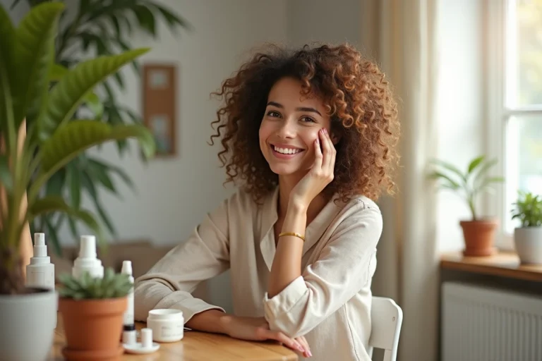Femme appliquant une creme visage dans un cadre naturel et lumineux