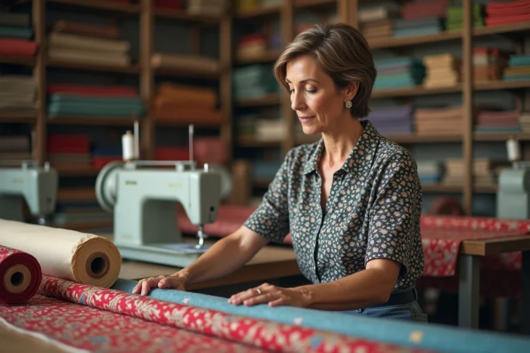Femme examinant des rouleaux de tissu coloré dans un atelier textile