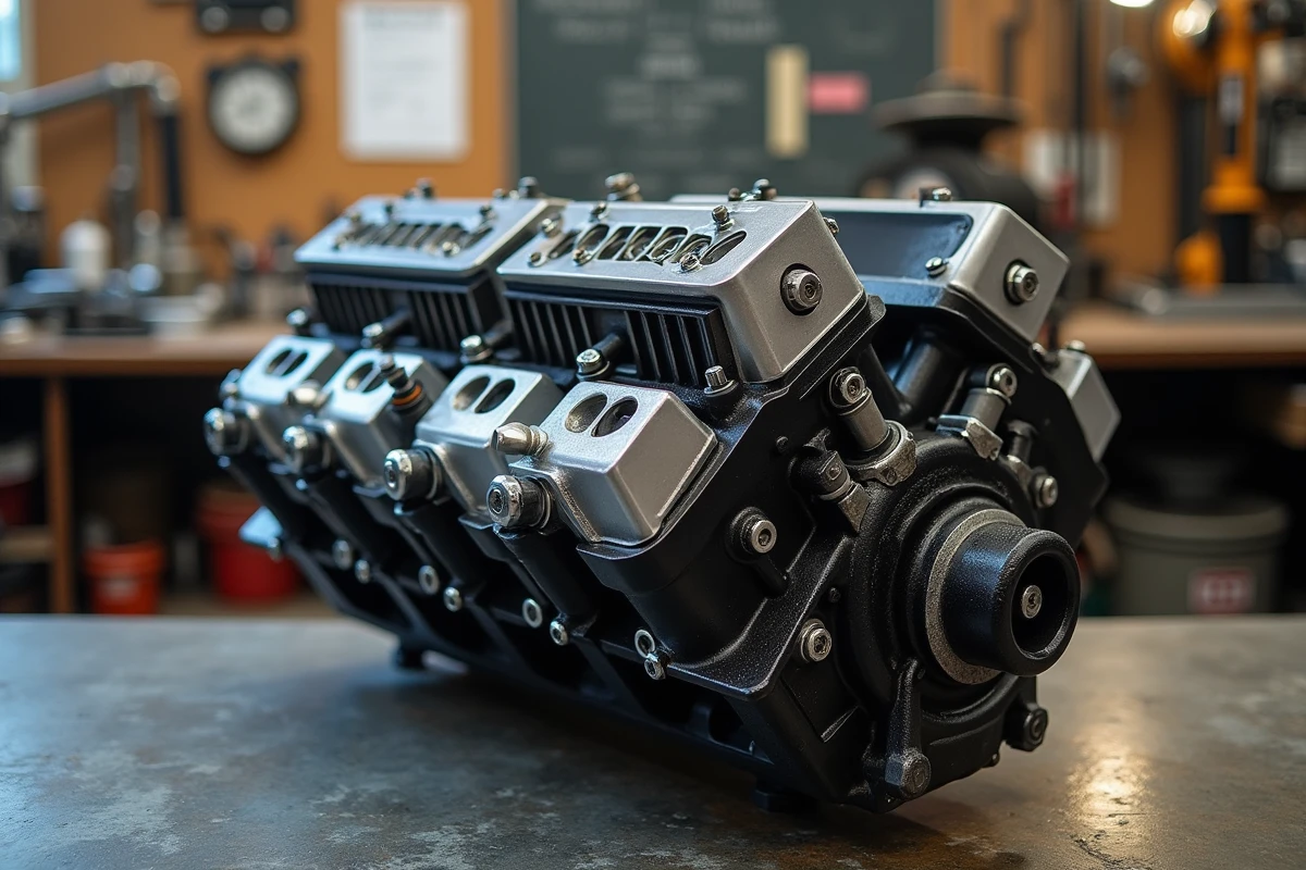 Gros plan sur le bloc moteur Twin Cam d'une Harley-Davidson posé sur un établi de garage professionnel