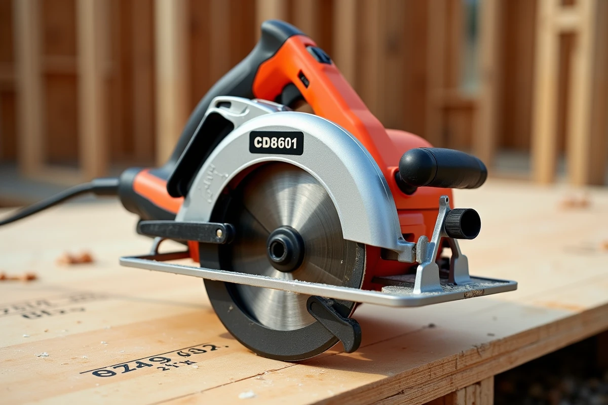 Gros plan détaillé de la scie circulaire Black Decker CD601 posée sur un contreplaqué avec lame visible sur chantier de construction