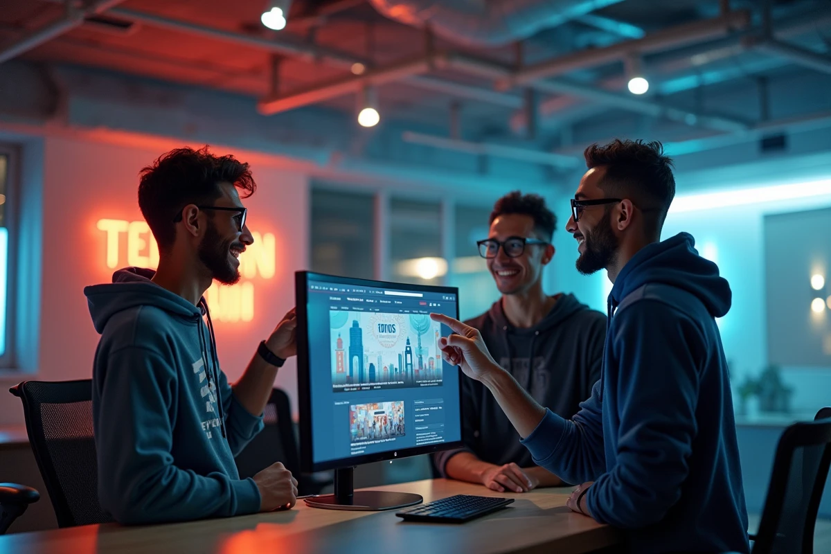 Groupe de jeunes passionnés de technologie discutant des dernières actualités geek devant un écran dans une startup moderne