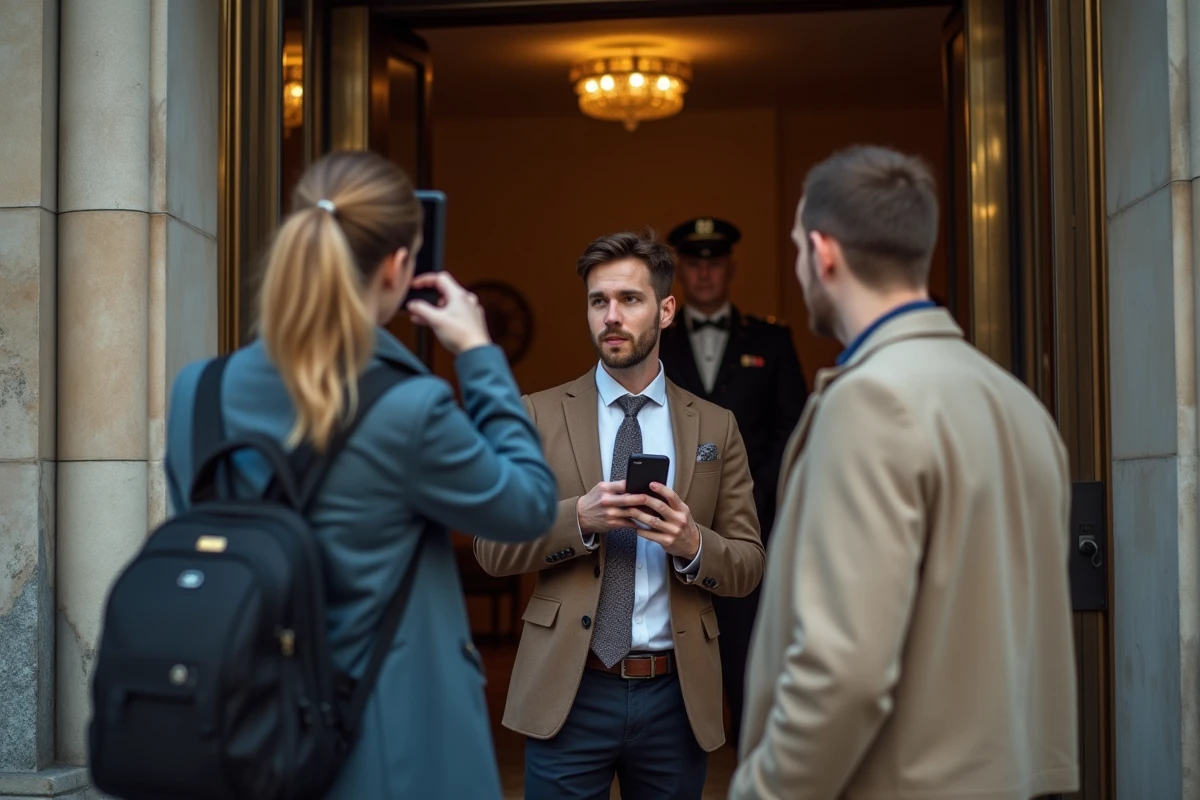 Groupe de jeunes adultes filmant une mise en scène devant un hôtel de luxe pour les réseaux sociaux, révélant les comportements typiques des faux riches
