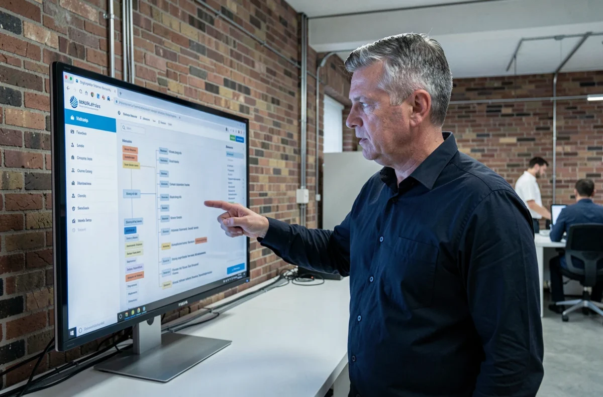 Homme en bureau open-space analysant une architecture de site web sur un grand écran