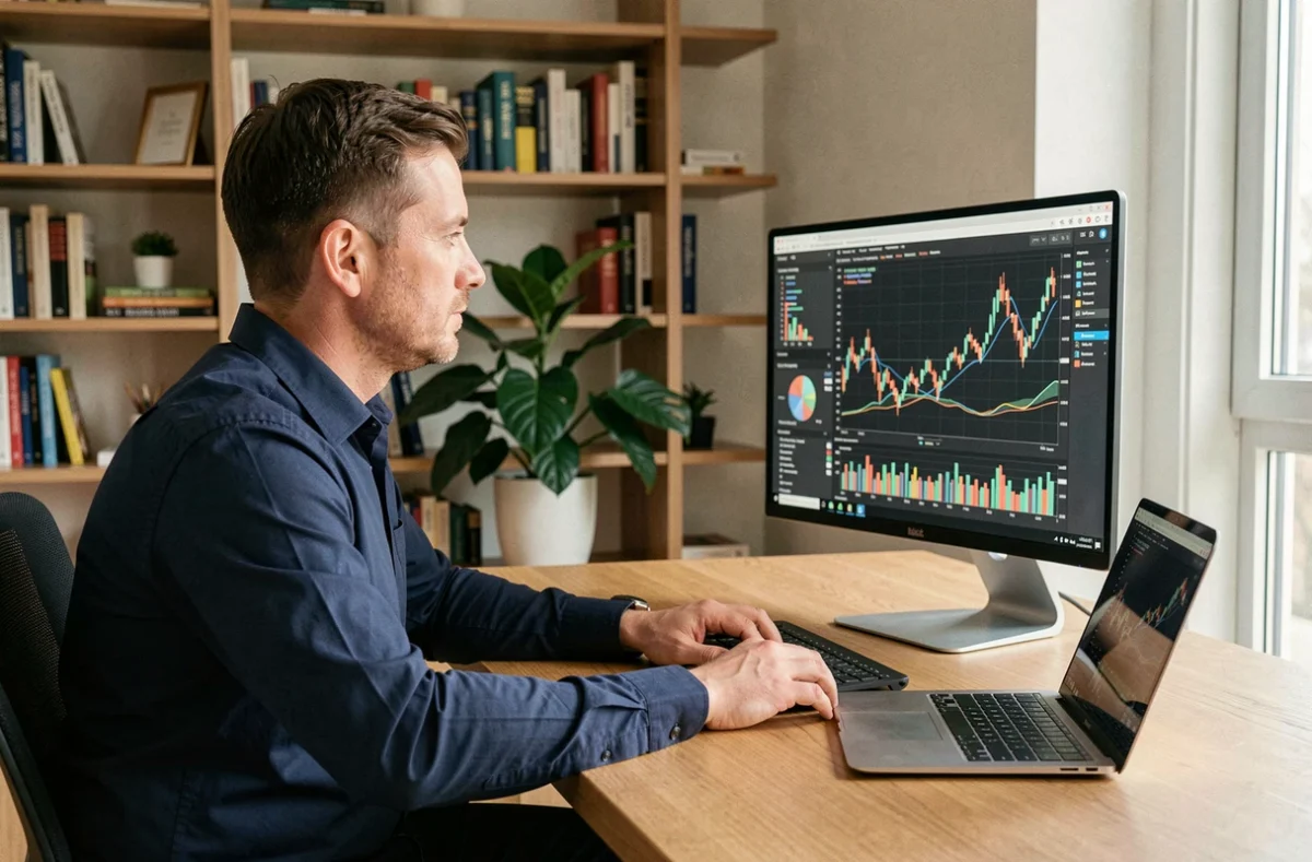 Homme analysant des graphiques de cryptomonnaies sur un écran d'ordinateur dans un bureau moderne