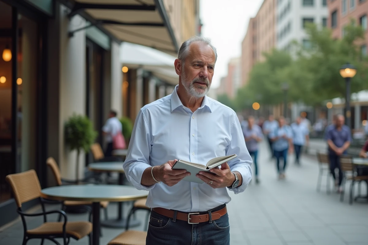 Homme pensif au café en ville avec carnet et smartphone