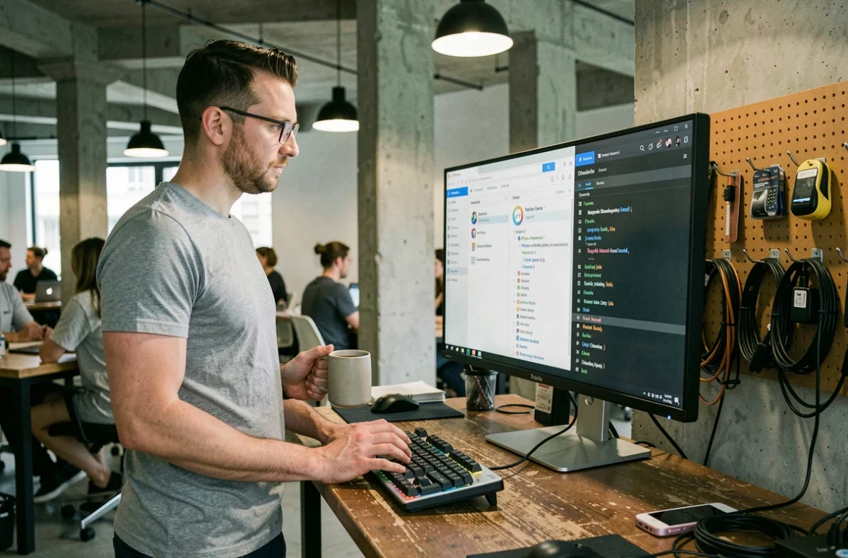Homme tech utilisant un outil de gestion de projets numériques sur grand écran dans un espace de coworking moderne