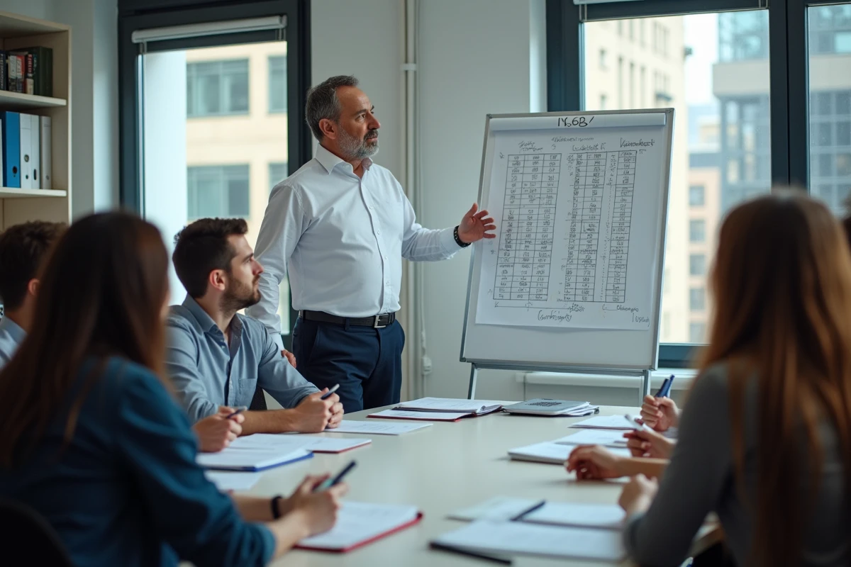 Homme en discussion avec collègues et tableau sur salaire