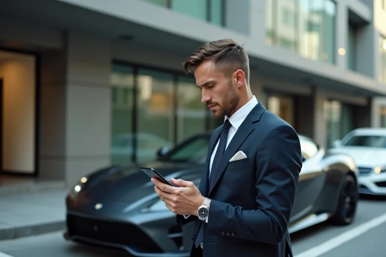 Homme en costume mal ajusté avec une montre de luxe contrefaite posant devant une voiture de sport de location, symbole des faux riches