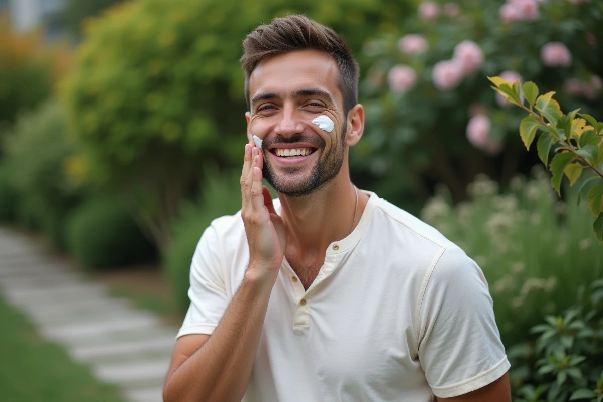 Homme appliquant une creme visage dans un jardin verdoyant