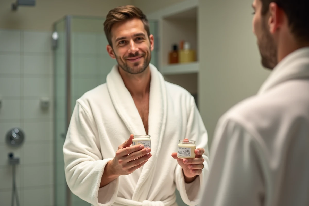 Homme en peignoir blanc tenant des produits de toilette offerts par l'hôtel dans une salle de bain carrelée