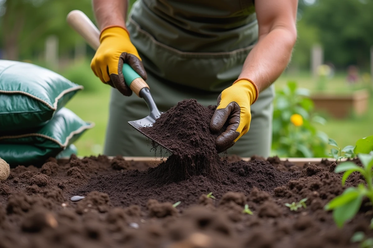 Jardinier incorporant un amendement organique sombre dans le sol d'une parcelle préparée pour la création d'un gazon