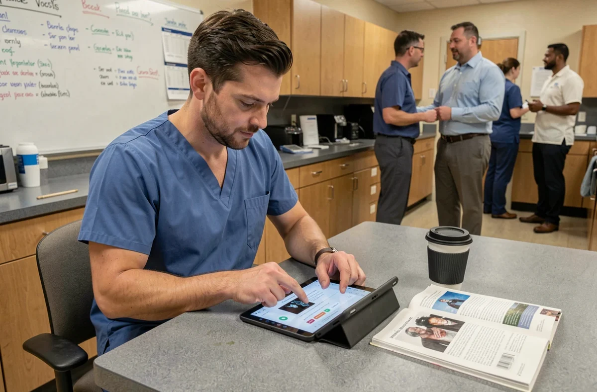 Infirmier consultant une application de ressources médicales sur tablette dans une salle de pause hospitalière
