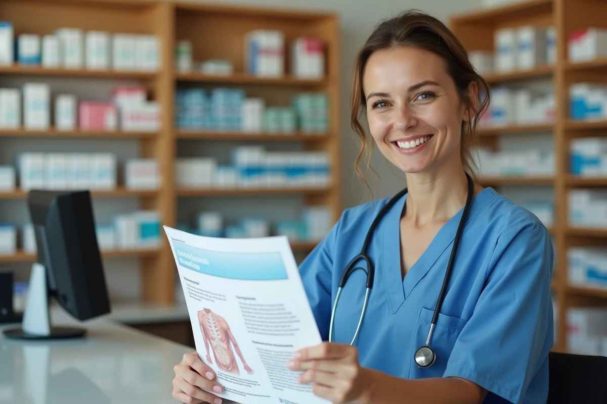 Infirmière en pharmacie tenant une brochure d'information sur les hémorroïdes externes et leur reconnaissance