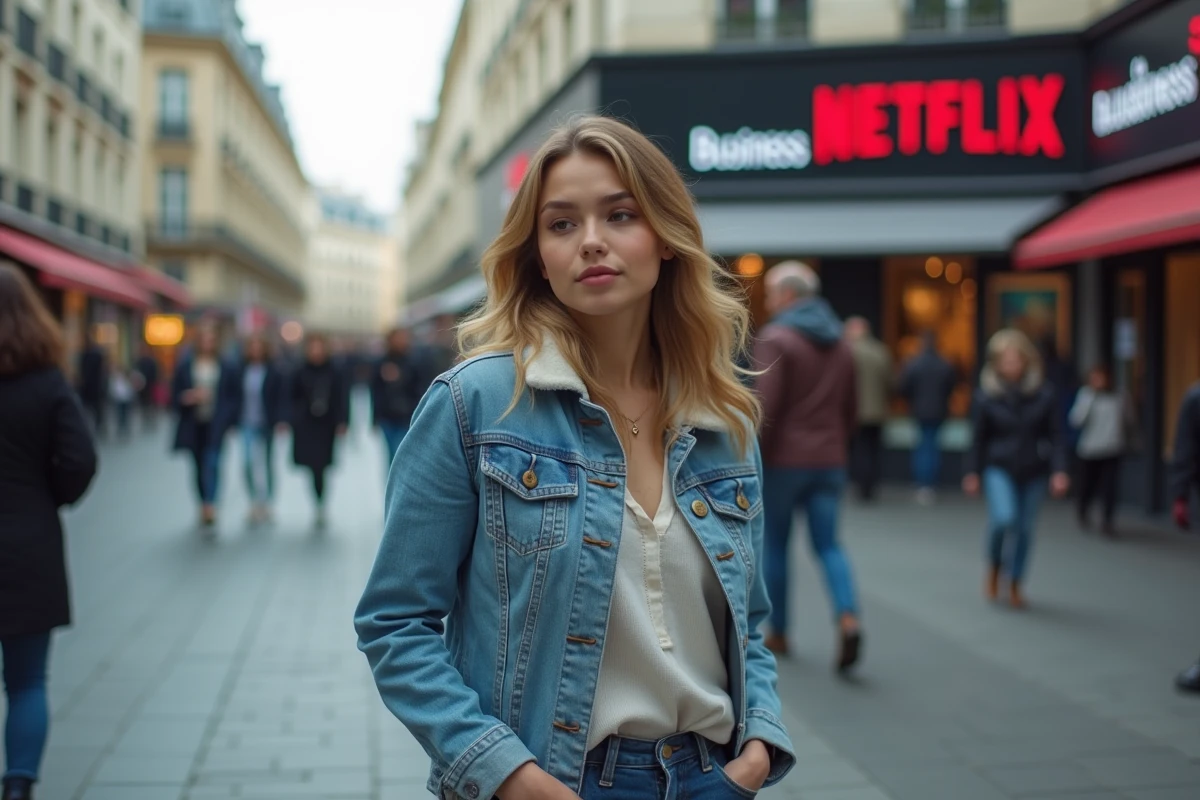 Jeune femme en denim devant un panneau Netflix à Paris