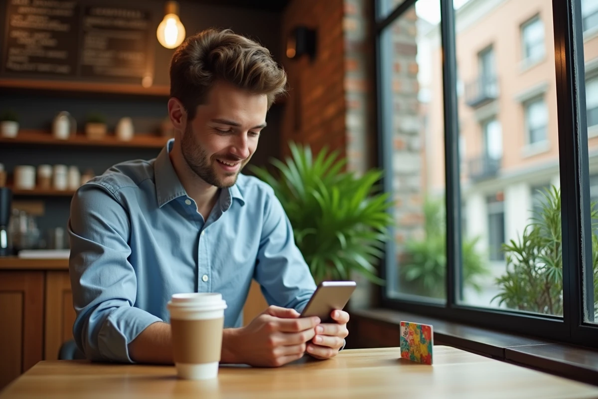 Jeune homme au café avec carte cadeau et smartphone