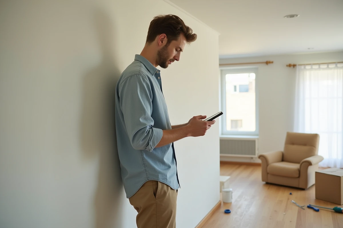 Jeune homme regardant un site d interieur dans un salon lumineux