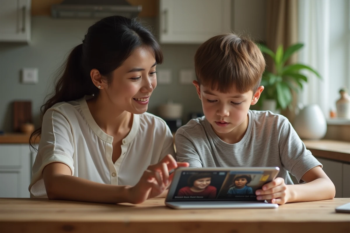 Maman et son enfant discutant devant une tablette à la cuisine