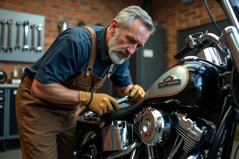 Mécanicien inspectant le moteur V-twin d'une Harley-Davidson dans un atelier de mécanique authentique