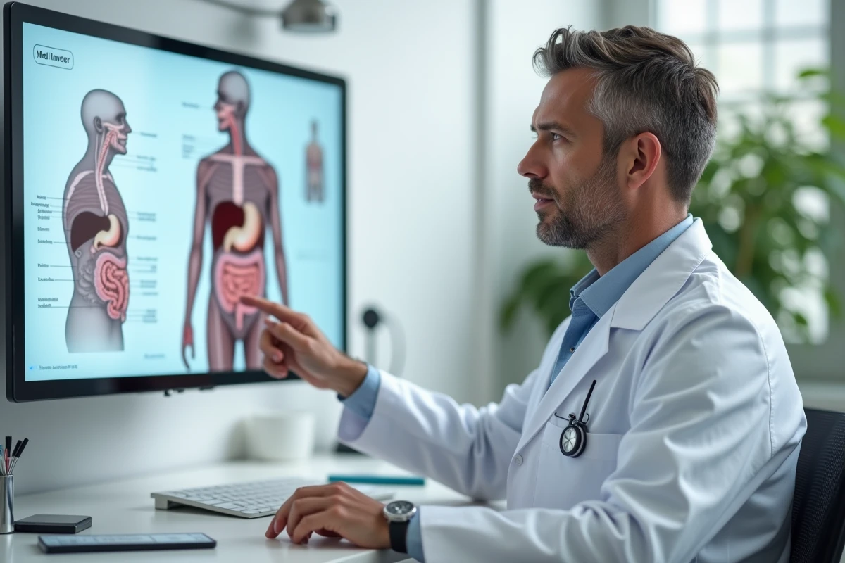 Médecin expliquant un schéma anatomique des hémorroïdes externes sur une tablette en consultation médicale