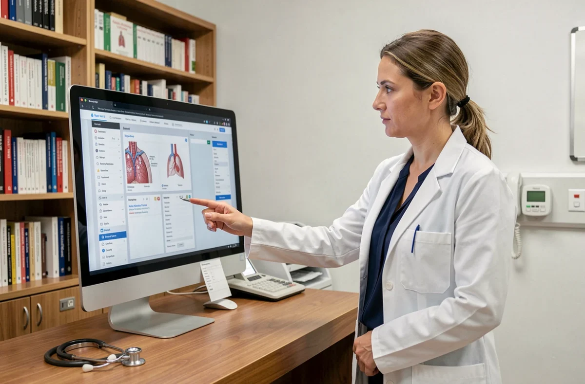 Médecin femme consultant un logiciel de santé sur ordinateur dans un bureau médical moderne