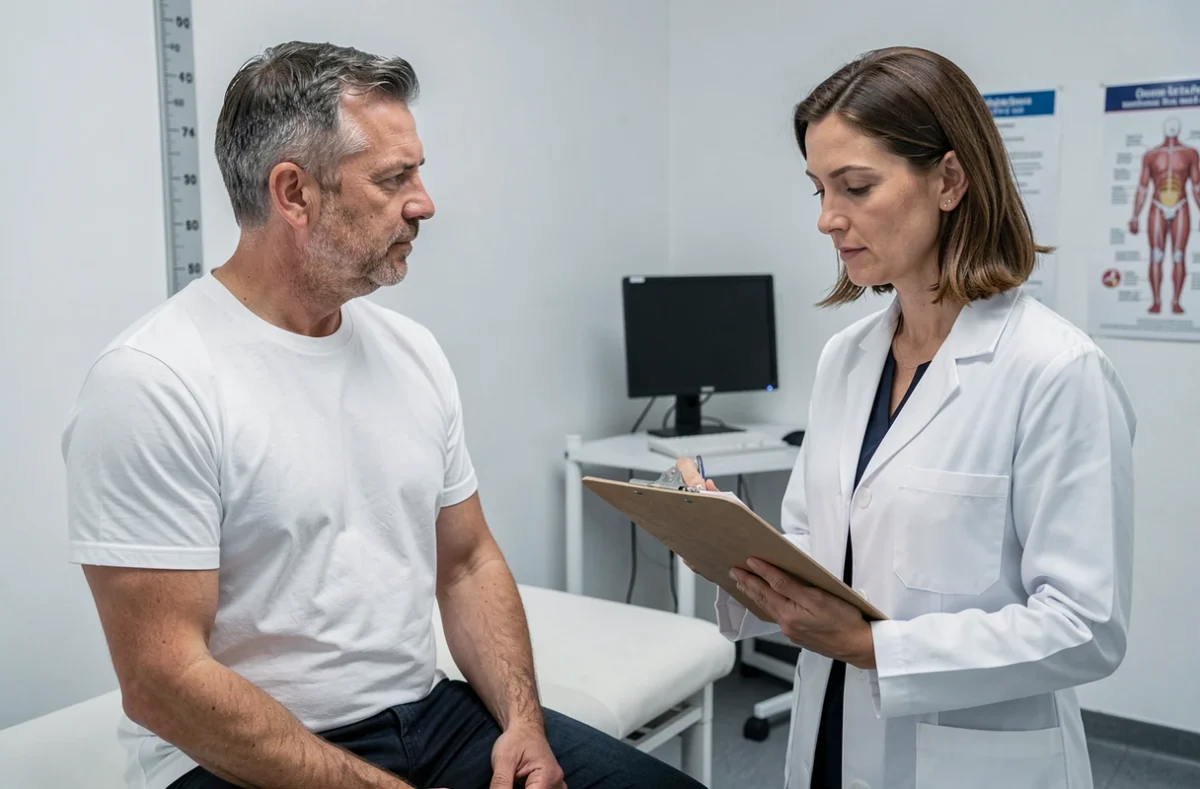 Homme adulte mesuré lors d'une consultation médicale en France illustrant les données anthropométriques masculines