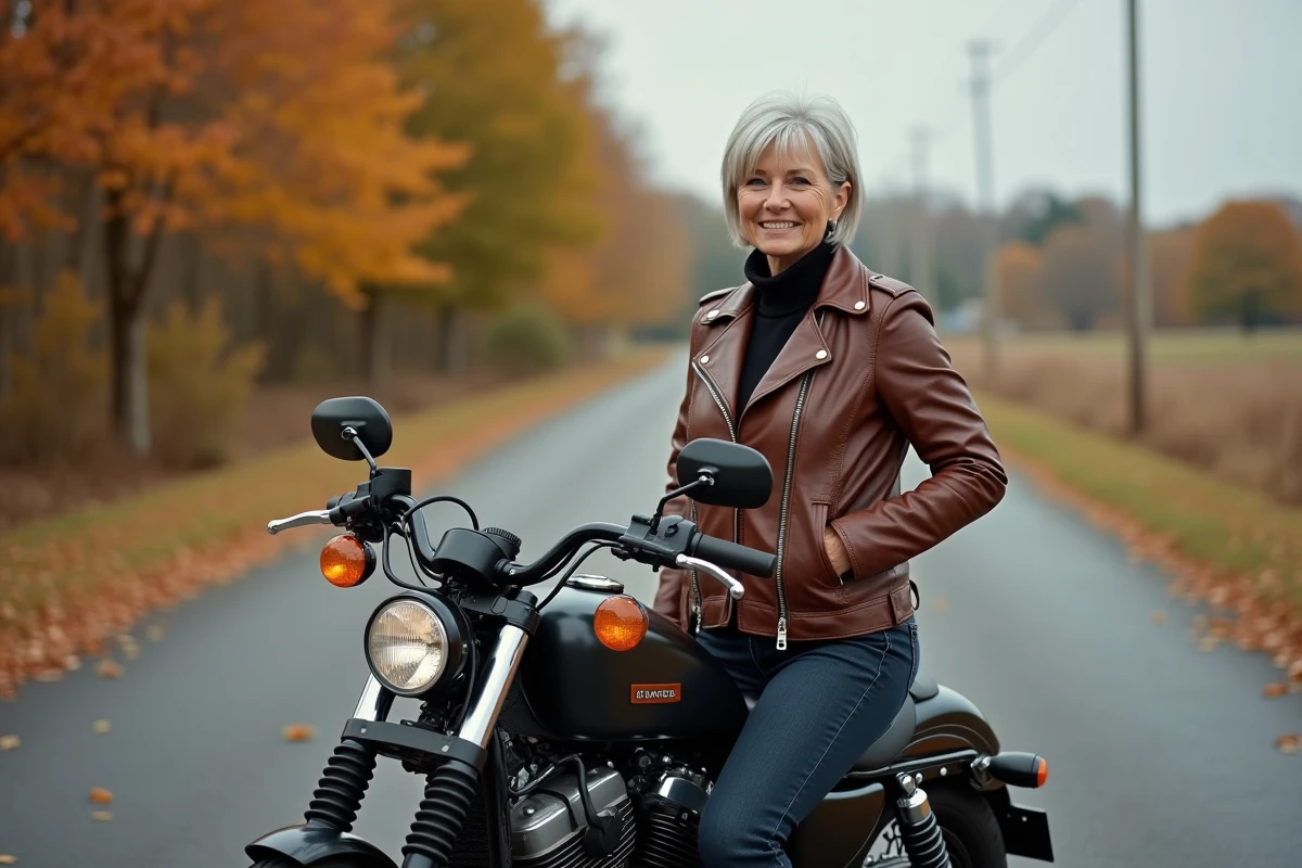 Femme motarde debout fièrement à côté de sa Harley-Davidson Sportster sur une route de campagne en automne