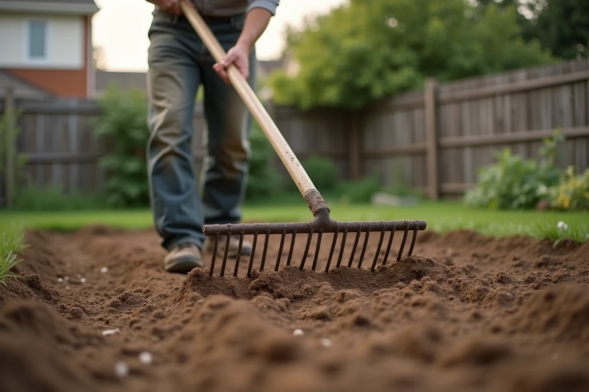 Jardinier nivelant et affinant la surface d'un lit de semences au râteau métallique pour préparer le semis de gazon