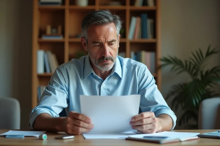 Homme lisant une lettre de notification de suspension de permis de conduire à son bureau à domicile