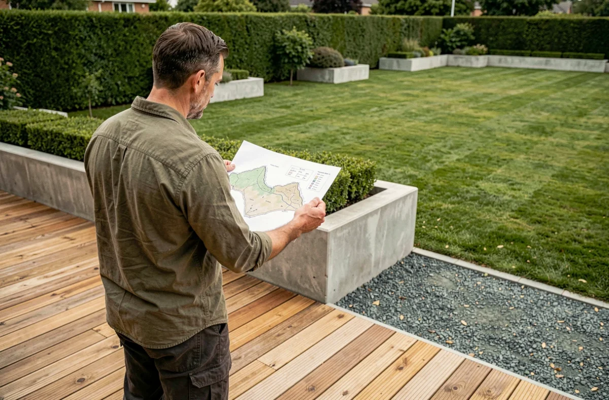 Homme planifiant l'aménagement paysager de son jardin avec un plan dessiné à la main sur une terrasse en bois