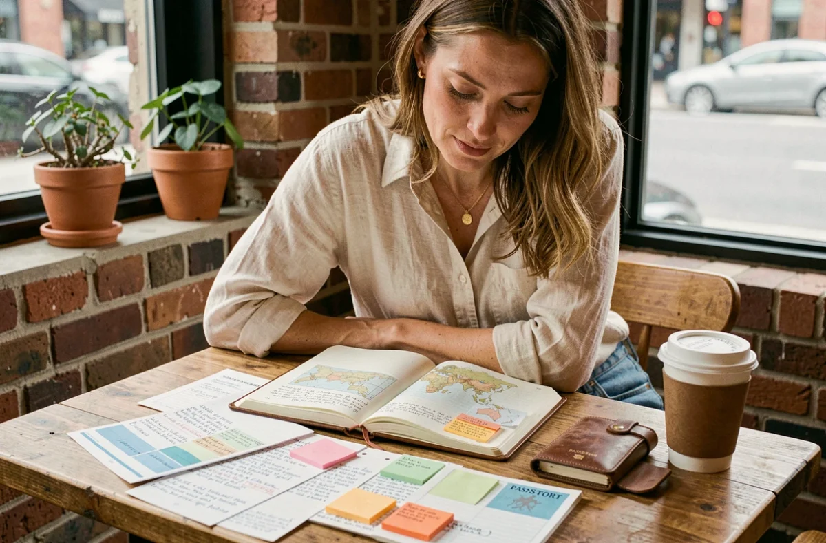 Femme planifiant un voyage autour du monde dans un carnet de voyage posé sur une table de café en bois