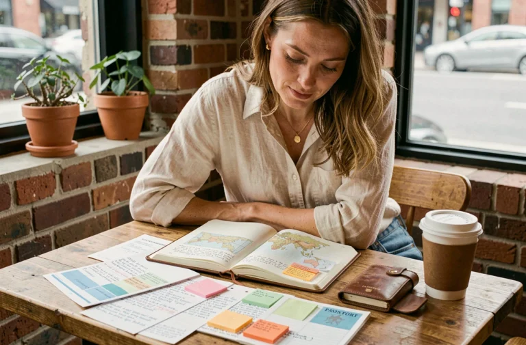 Femme planifiant un voyage autour du monde dans un carnet de voyage posé sur une table de café en bois
