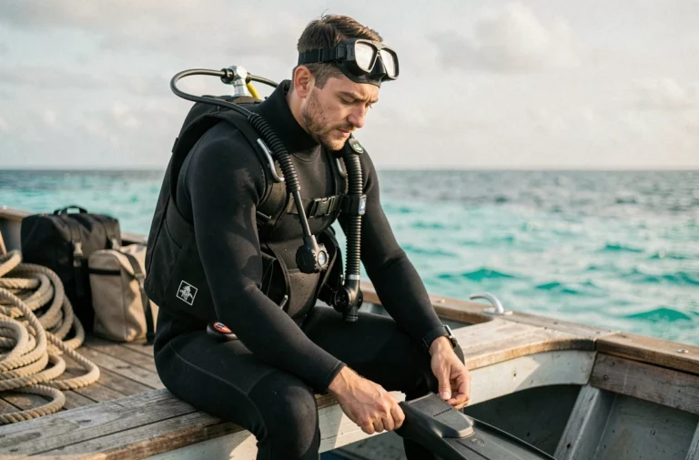 Plongeur en combinaison néoprène assis sur le bord d'un bateau de plongée, ajustant ses palmes avant de plonger en mer tropicale