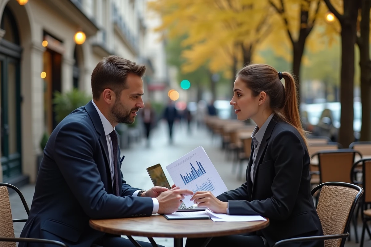 Deux professionnels discutant de conseils experts en gestion de patrimoine et optimisation financière à la terrasse d'un café