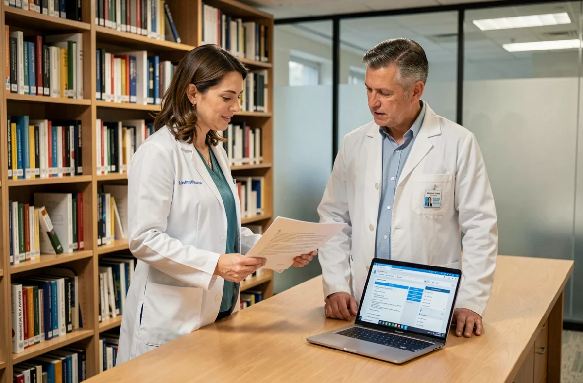 Deux professionnels de santé collaborant sur des ressources médicales dans une bibliothèque hospitalière