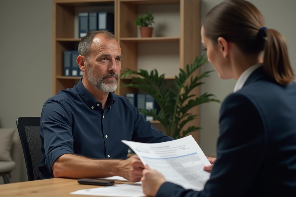 Un homme ayant subi un accident du travail discute du rachat de sa rente avec un conseiller en assurance dans un bureau administratif moderne