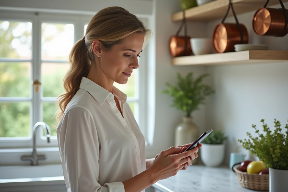 Femme consultant son téléphone pour récupérer l'accès à son compte académique depuis chez elle