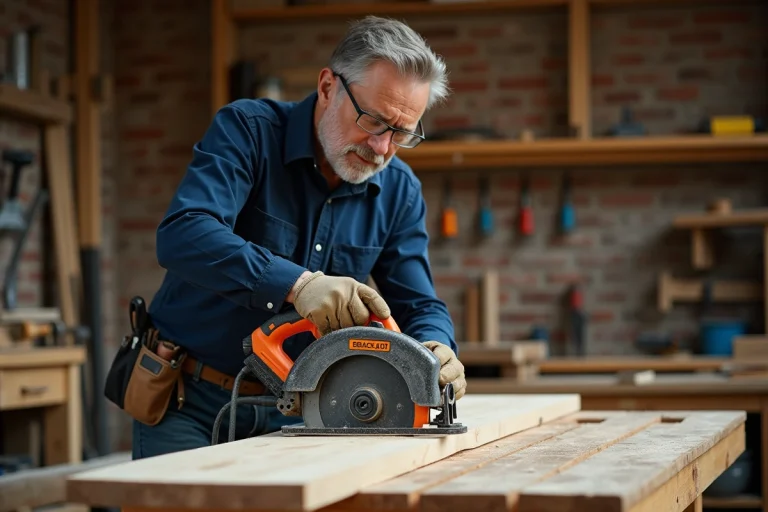 Charpentier professionnel tenant une scie circulaire Black Decker CD601 au-dessus d'un établi en bois dans un atelier artisanal