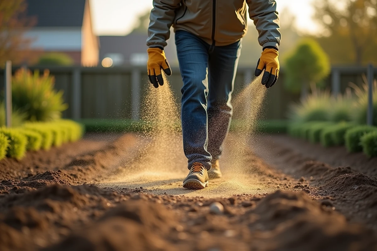 Jardinier semant des graminées à la volée en effectuant des passages croisés sur un lit de semences préparé