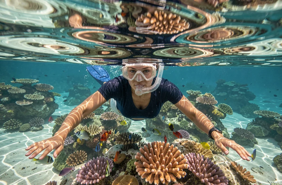 Femme en combinaison de snorkeling flottant à la surface de l'eau au-dessus d'un récif corallien coloré, vue mi-immergée