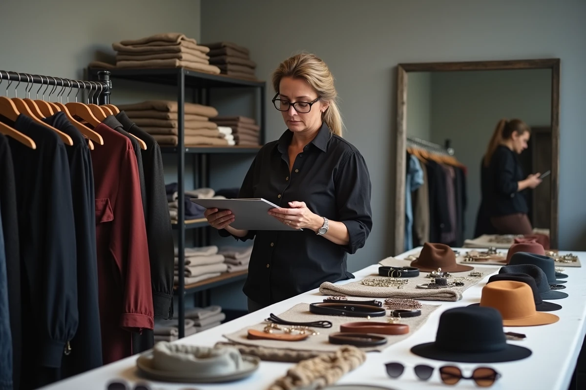 Styliste mode dans un studio professionnel organisant des vêtements et des accessoires sur deux zones distinctes