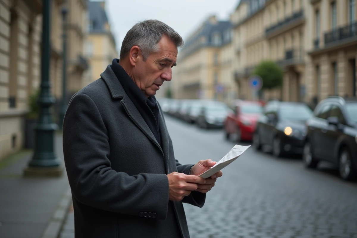 Homme prenant connaissance d'un avis de suspension de permis de conduire dans une rue urbaine française