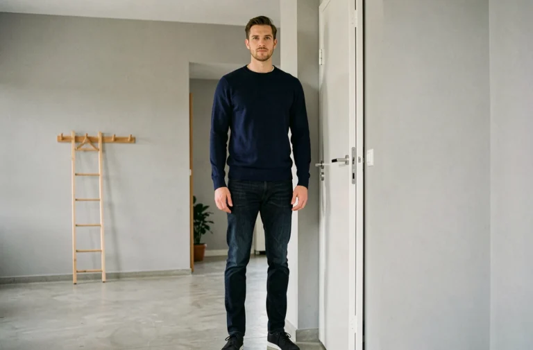 Homme grand français debout à côté d'un cadre de porte pour illustrer la taille moyenne des hommes en France en 2025