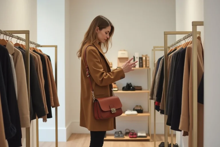 Femme dans une boutique de mode comparant vêtements et accessoires, manteau camel et sac en cuir structuré