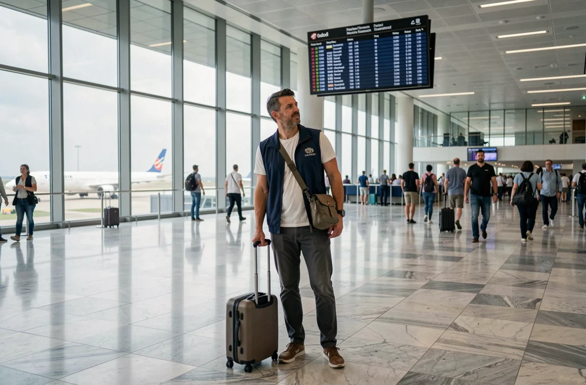Voyageur masculin dans un terminal d'aéroport international consultant les tableaux de départ avec une valise à roulettes
