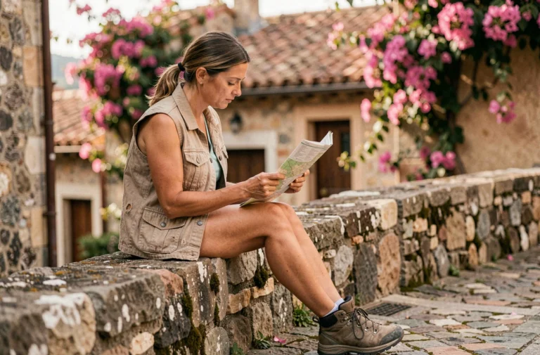Voyageuse consultant une carte papier assise sur un mur en pierre dans un village méditerranéen, ambiance authentique et dépaysante